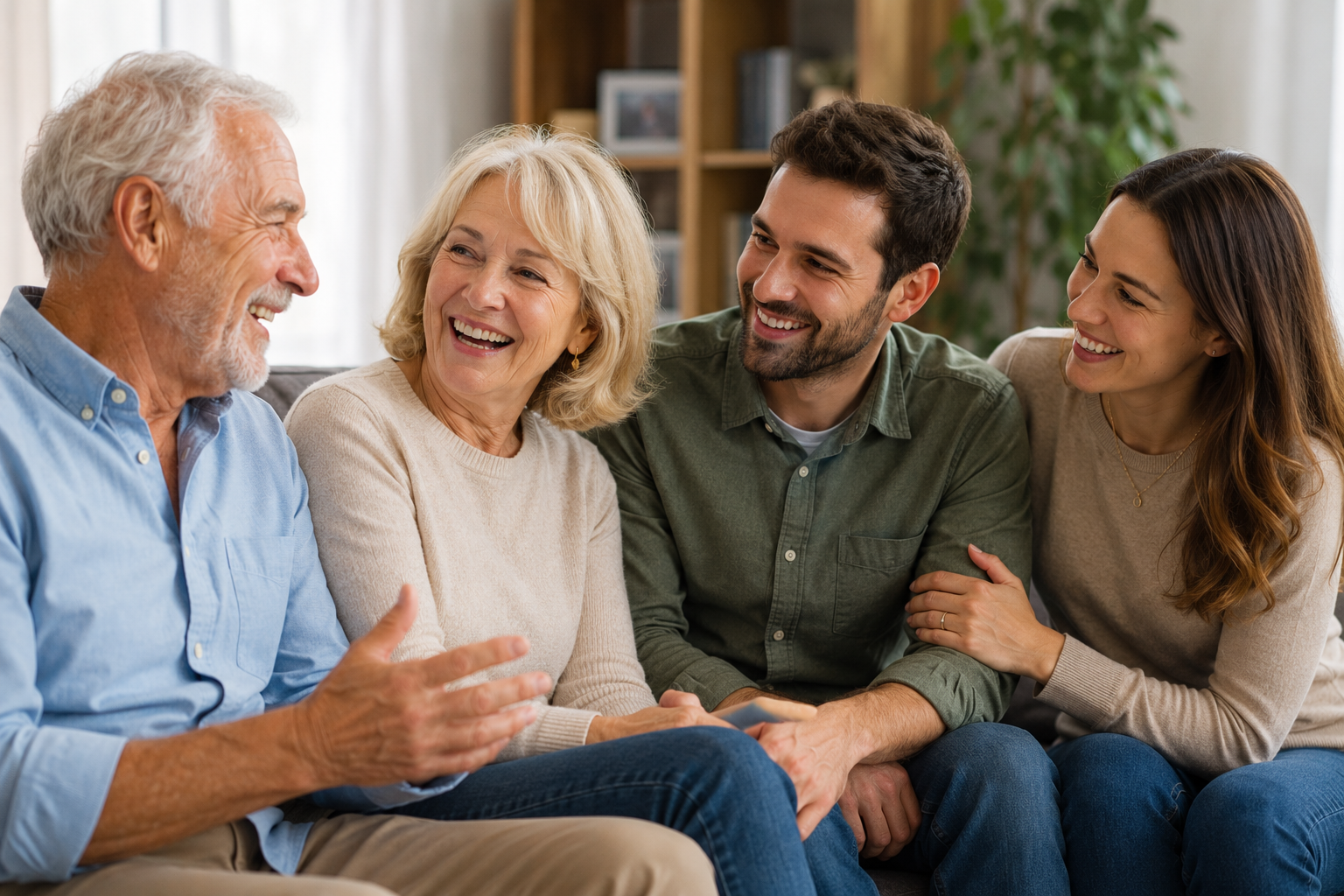 Happy family reconnecting through conversation