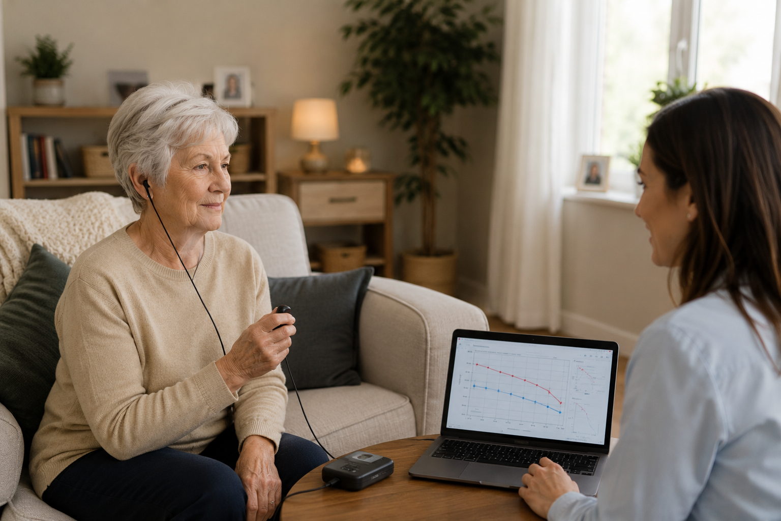 Hearing test being conducted at home by audiologist