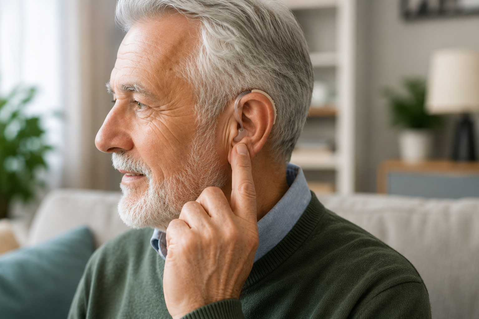 Senior adjusting hearing aid comfortably